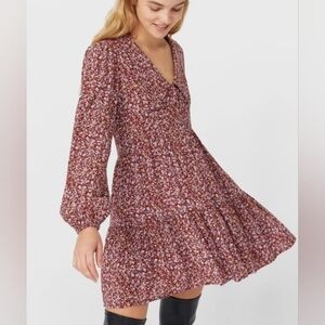 Stradivarius Burgundy Floral Long Sleeve Dress